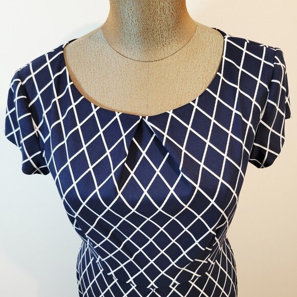 Womens Connected Apparel Sz 12 Sheath Dress Navy White Geometric Stripes Print - Picture 3 of 8